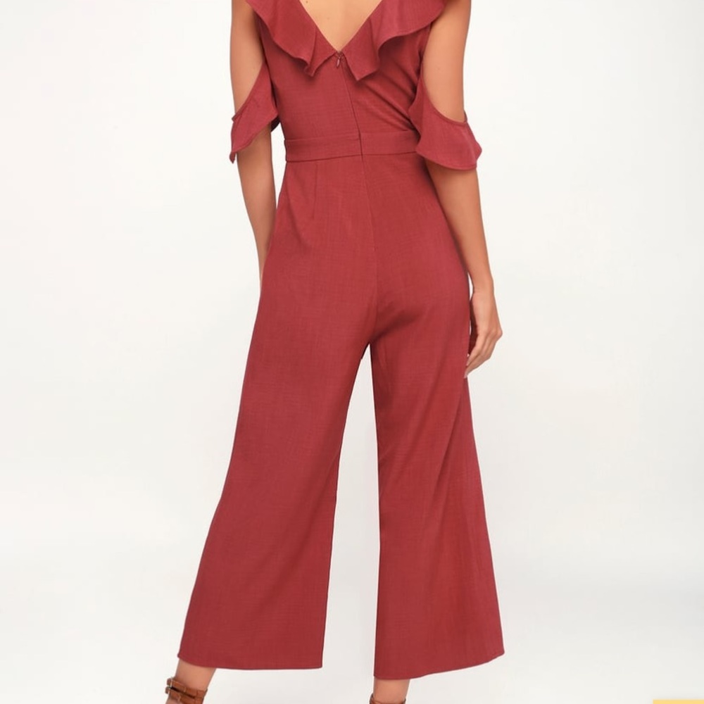 Red Ruffled Wide-Leg Off-Shoulder Jumpsuit - Picture 5 of 8